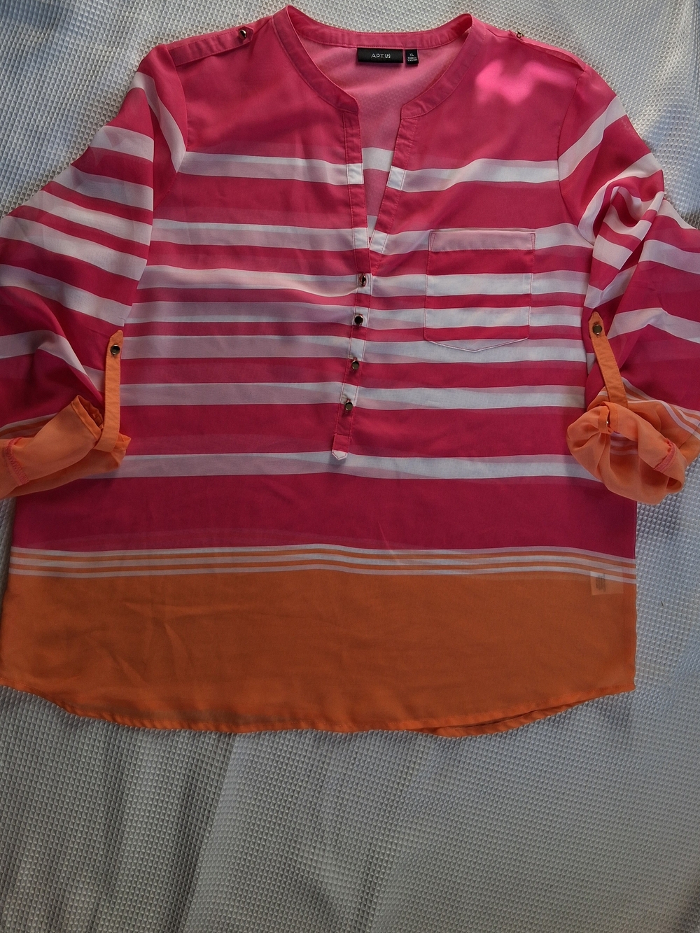Apt. 9 Pink, White & Orange Striped Roll-Tab Button Top
